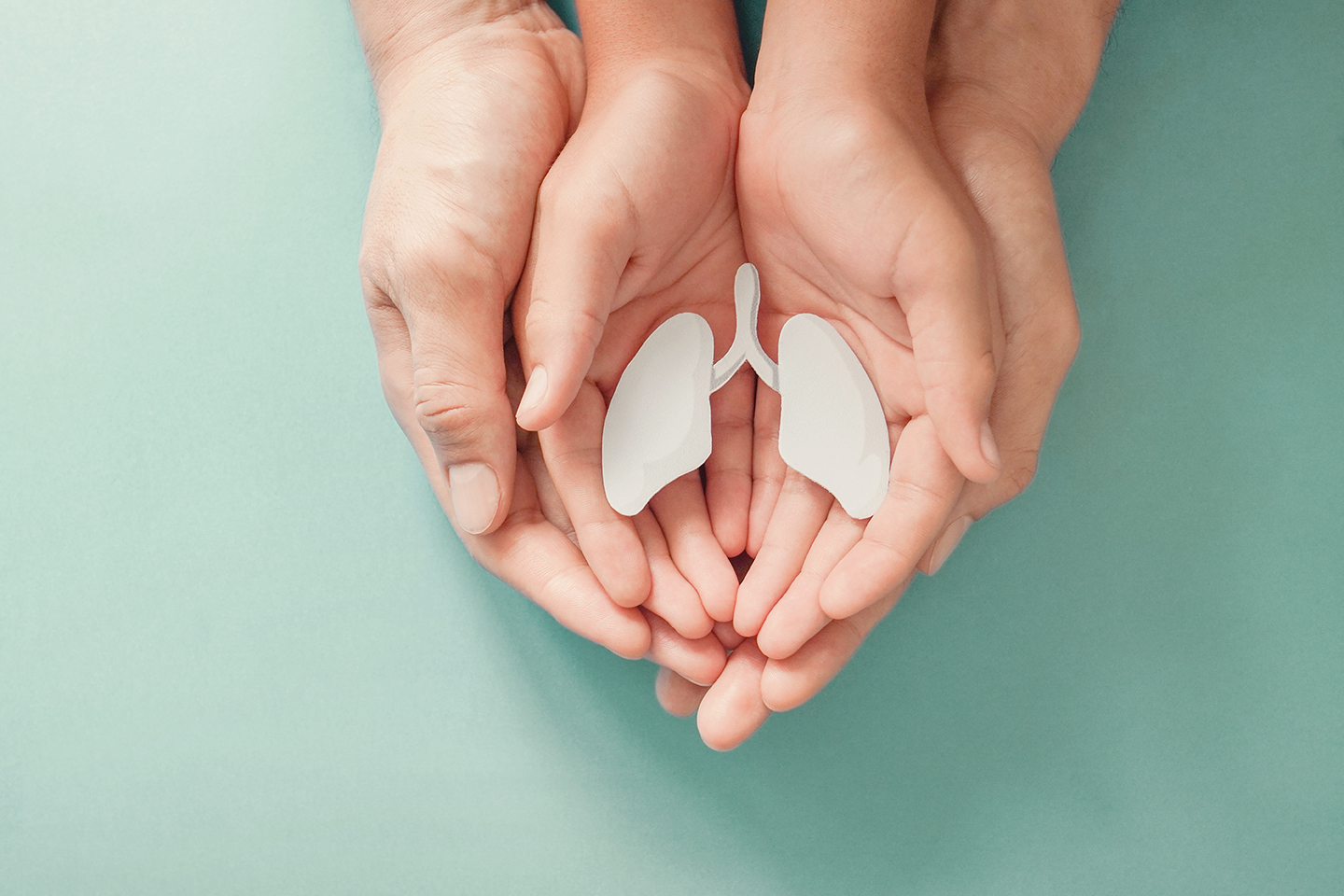 An adult and a child hands holding a picture of a lungs.